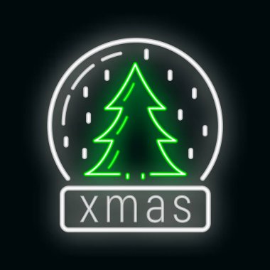 Mutlu yıllar, mutlu noel ağacı oyuncak ikonu, neon ışıklı xmas etiketli kış zamanı düz vektör çizimi, siyah üzerine izole edilmiş sembol.