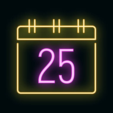 Mutlu yıllar, mutlu noeller takvimi ikonu, neon ışıklı xmas etiketli kış zamanı düz vektör çizimi, beyaz üzerinde izole edilmiş sembol.