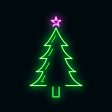 Mutlu yıllar, mutlu noel ağacı ikonu, neon ışıklı xmas etiketli kış zamanı düz vektör çizimi, beyaz üzerinde izole edilmiş sembol.