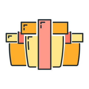 Mutlu yıllar, mutlu noeller hediye kutusu, renkli xmas etiketli kış zamanı düz vektör çizim simgesi, beyaz üzerine izole edilmiş sembol.