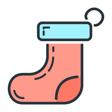 Mutlu yıllar, mutlu noeller çorap ikonu, karikatür Noel etiketli kış zamanı düz vektör çizimi, beyaz üzerinde izole edilmiş sembol.