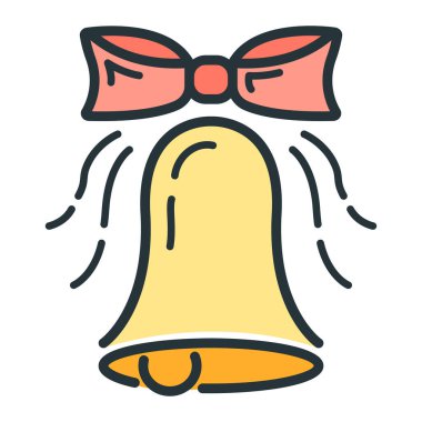 Mutlu yıllar, mutlu noeller çan dekorasyonu ikonu, karikatür Noel etiketi kış zamanı düz vektör çizimi, beyaz üzerinde izole edilmiş sembol.