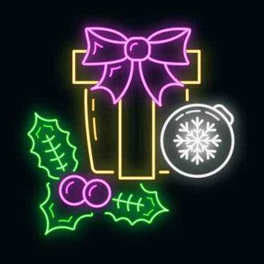 Mutlu yıllar ve mutlu noeller neon ışığı tarzı ikon, xmas etiketli kış zamanı düz vektör çizimi, siyah üzerine izole edilmiş sembol.