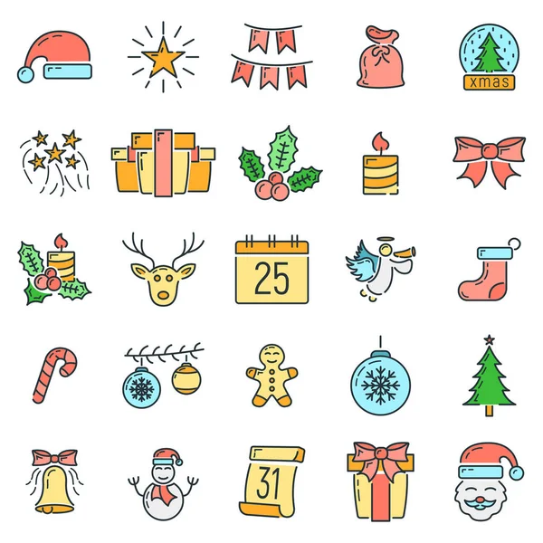 Conceito Feliz Ano Novo Feliz Ícone Desenhos Animados Linha Natal — Vetor de Stock