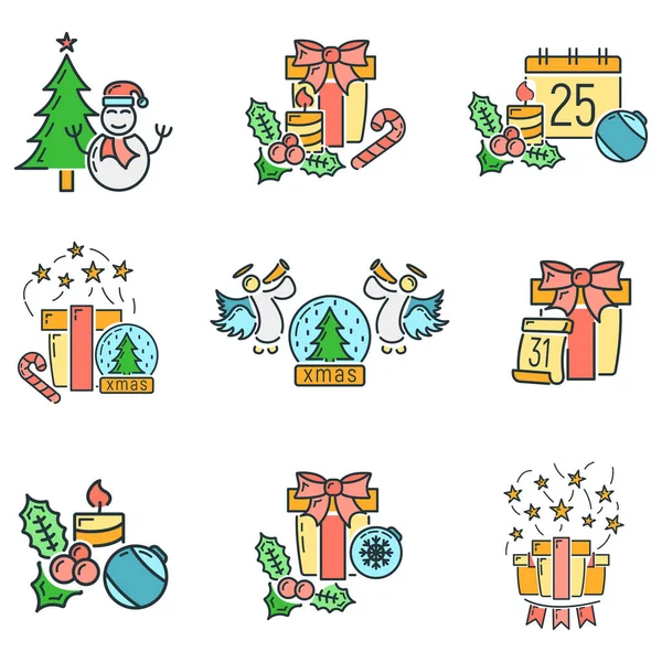Conceito Feliz Ano Novo Feliz Ícone Desenhos Animados Linha Natal — Vetor de Stock