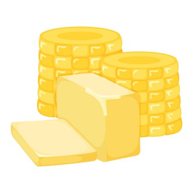 Ear of sweet corn with milk product natural ingredient butter, margarine icon, breakfast organic dairy cartoon vector illustration, isolated on white. Concept high calorie creamery fat food.