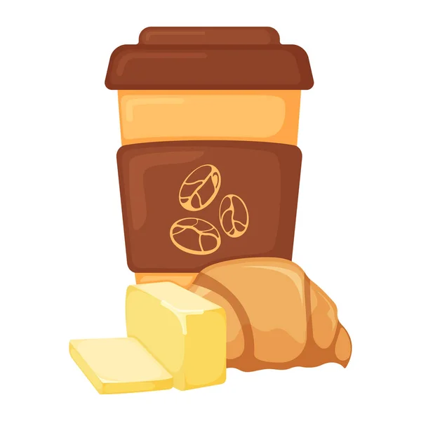 French Croissant Coffee Cup Breakfast Butter Bakery Product Icon Concept — стоковый вектор