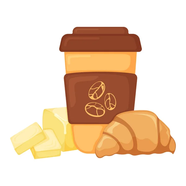 French Croissant Coffee Cup Breakfast Butter Bakery Product Icon Concept — стоковый вектор