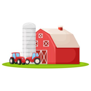 Kırmızı ahır, çiftçi traktörü ve yeşil çiftlik arazisi çizim çizelgesine sahip kır evi, beyaz üzerine izole edilmiş. Samanlık hasadı olan modern büyük çiftlik..