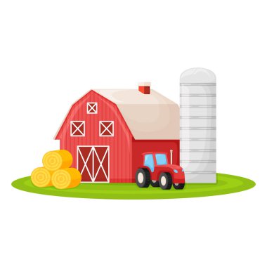 Kırmızı ahır, çiftçi traktörü ve yeşil çiftlik arazisi çizim çizelgesine sahip kır evi, beyaz üzerine izole edilmiş. Samanlık hasadı olan modern büyük çiftlik..