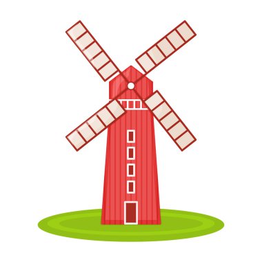 Kırmızı değirmenli kır evi, çiftlik ahırı ve yeşil çiftlik arazisi çizim çizelgesine sahip ambar binası, beyaz üzerine izole edilmiş. Hasat hasadı olan modern büyük çiftlik..