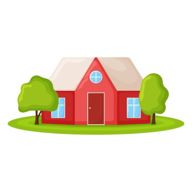 Ağaçlı şirin kırmızı kır evi, yeşil alanda yazlık bina modern karikatür vektör çizimi, beyaza izole edilmiş. Yaşamak için rahat bir yer..