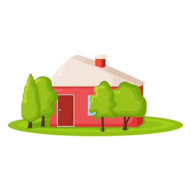 Ağaçlı şirin kırmızı kır evi, yeşil alanda yazlık bina modern karikatür vektör çizimi, beyaza izole edilmiş. Yaşamak için rahat bir yer..