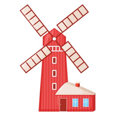 Konsept kır evi kırmızı değirmen binası, modern çiftlik ambarı yeşil çiftlik arazisi çizim çizimi vektör çizimi, beyaza izole edilmiş. Büyük çiftlik işleme ürünleri.