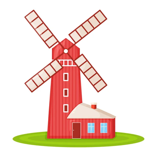 緑の農場のプロット漫画のベクトルイラスト上の赤いミル 農場の納屋や穀倉地帯の建物とカントリーハウス 白に隔離されました 収穫作物と現代の大牧場 — ストックベクタ