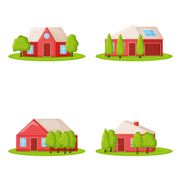 Set Cute Red Country House Tree Summer Cottage Building Green — Stock Vector