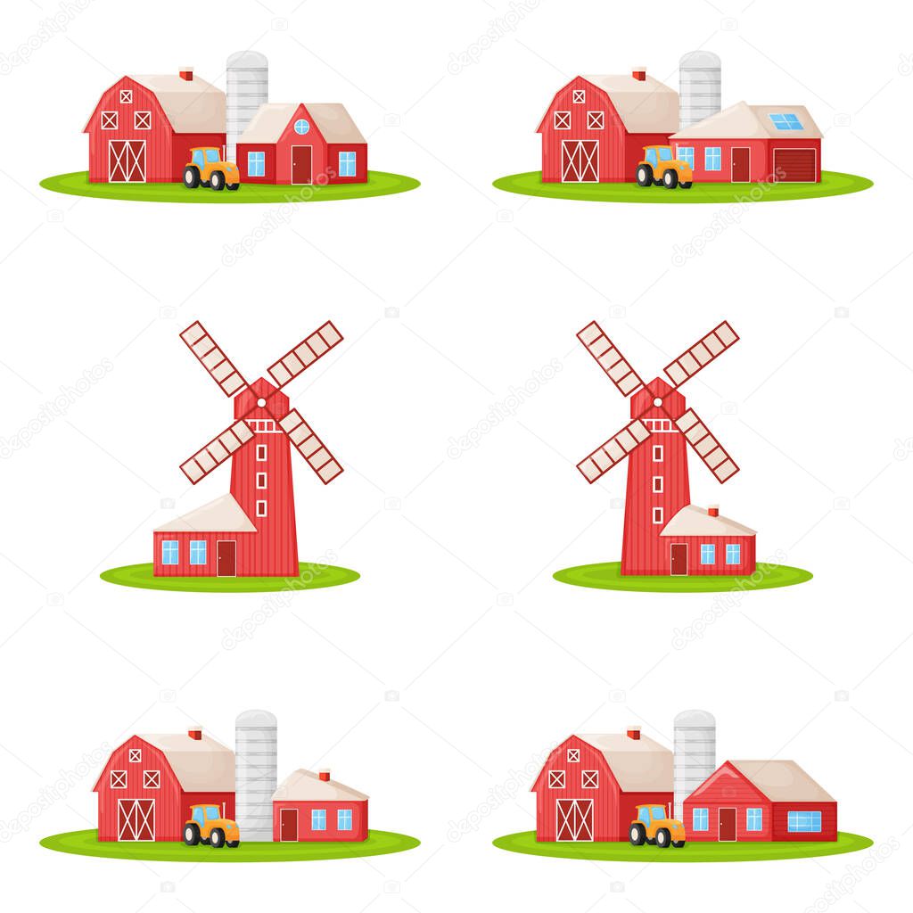 Set of country house with red mill, farm barn and granary building on green farm field plot cartoon vector illustration, isolated on white. Modern large ranch with harvest crop.