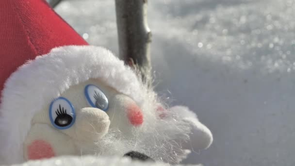 Primer plano de un elfo en la nieve en un día soleado durante la Navidad. — Vídeos de Stock