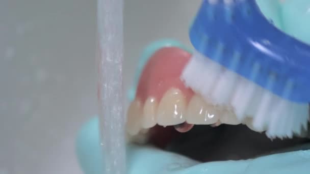 Closeup shot showing brushing of dentures with running water. — Stock Video