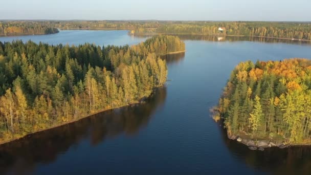 在芬兰巨大的赛玛湖中，有人用打火机射击树木。 — 图库视频影像