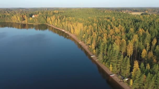 Letecký pohled na stromy na břehu jezera Saimaa ve Finsku.geologie záběr. — Stock video