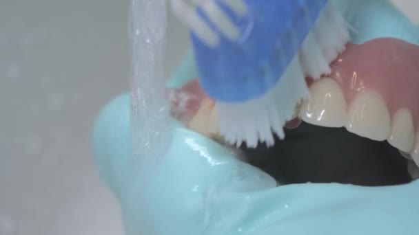 Closeup shot showing washing of dentures under running water using a brush. — Stockvideo