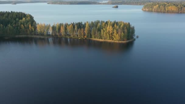 Aerial shot of the Lake Saimaa with the island of trees on the side . — Vídeo de Stock