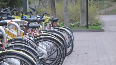 The tires of the city bikes parking in Vantaa Finland