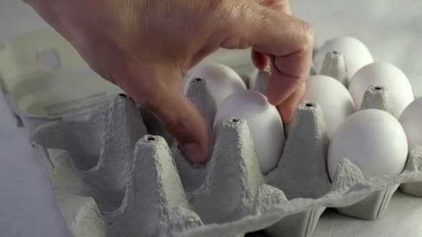 A closer look of the white eggs being put on the egg tray — Stok video