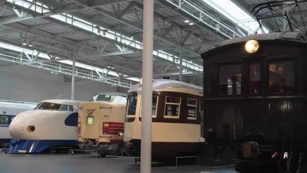 Old and new locomotives displayed in a train museum in Nagoya Japan. — Stockvideo