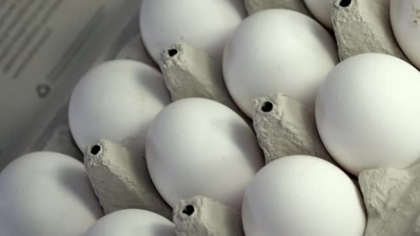 Bližší pohled na bílé skořápky vajíček. Detailní záběr — Stock video