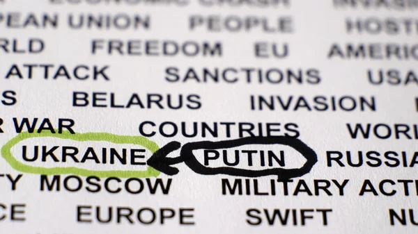 UKRAINE PUTIN 'in yakın plan çekimleri. Etrafında daireler olan beyaz bir kağıda yazılmış..