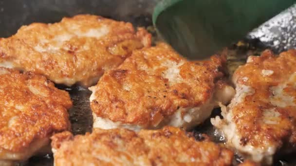 The brown cooked part of the cutlet rissole .close-up.4K UHD — Stock Video