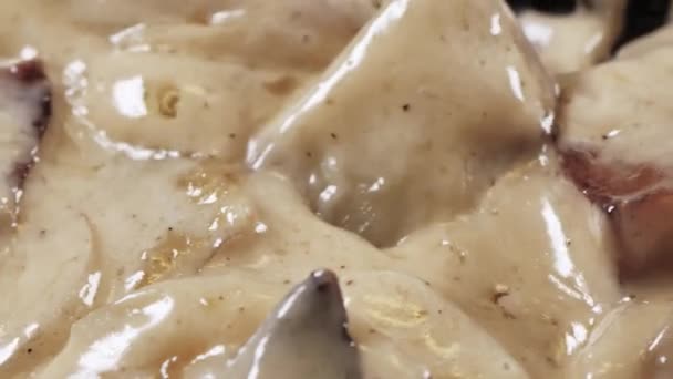 Στενότερη ματιά στη λευκή σάλτσα στο τηγάνι. close-up. — Αρχείο Βίντεο
