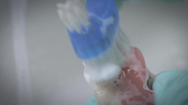 Крупним планом знімок протезів очищається за допомогою пензлика . — стокове відео