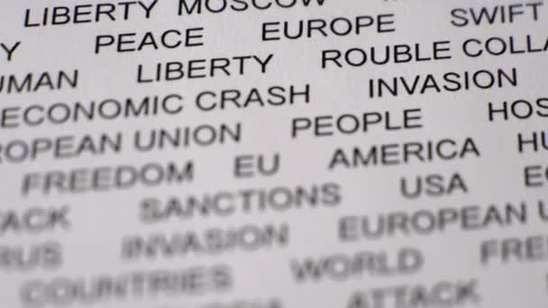 Closeup shot of SANCTIONS written on paper with a black circle.Russian invasion — Stock Video