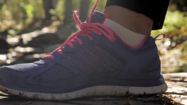 Pohled na boty cestovatele v lese.geology výstřel — Stock video