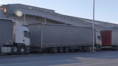 Tallinn Limanı 'ndaki bir gemiye binmek için bekleyen kamyonlar. Avrupa kargosu 