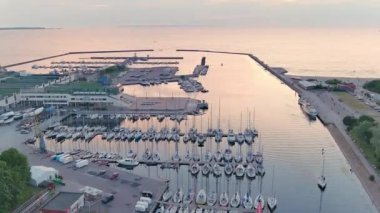 Amazing drone shot of the harbor for sailboats in Tallinn Estonia.