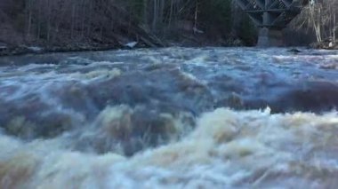 Closeup drone shot of a fast river surrounded by a forest on sunny day.