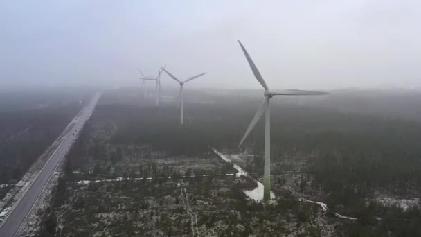 Closer Aerial Shot Wind Generators Finland Showing Green Energy Being — Stock Video