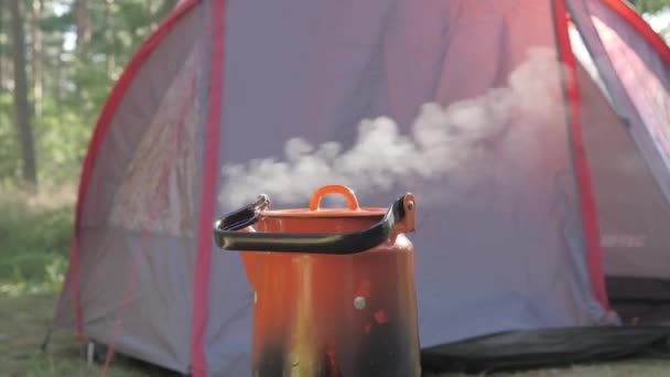 炉子后面有一个红色的野营帐篷 顶部有咖啡壶 四周有树木 — 图库视频影像