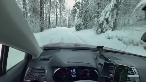 View Car While Driving Snowy Forest Nordic Winter Pretty Scandinavian — Vídeos de Stock