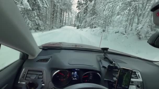 View Car While Driving Snowy Forest Looking Awesome Nature Nordic — 图库视频影像