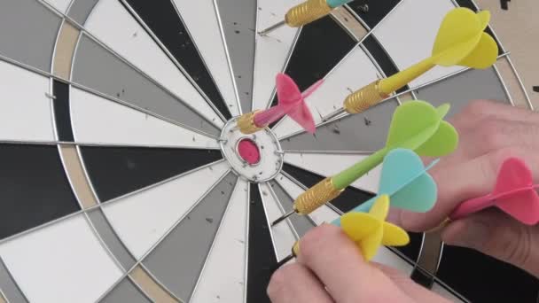 Closeup Shot Someone Taking Colourful Darts Away Dartboard Human Hand — Video Stock
