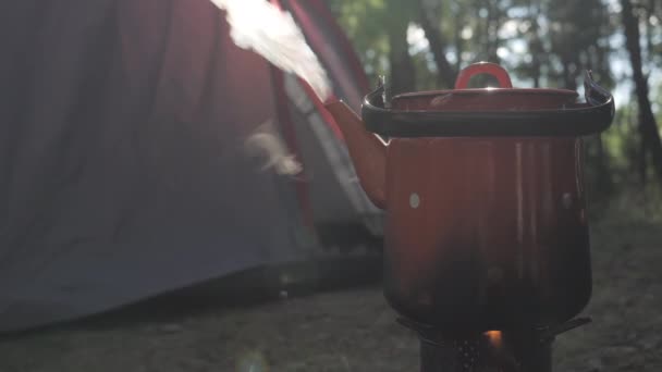 Fire Stove Camping Site Coffee Pot Top Tent Back — Wideo stockowe