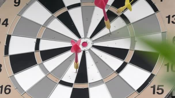 Closeup Shot Multiple Colourful Darts Hitting Dartboard Good Pastime Activity — Stock Video