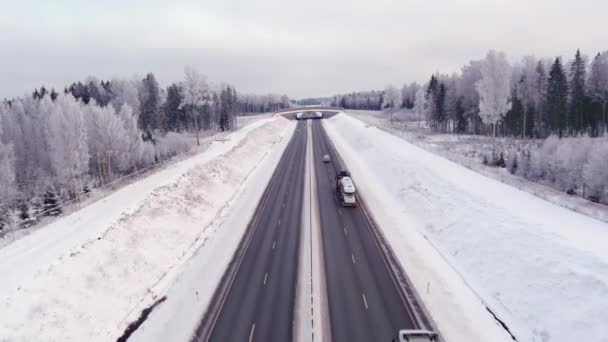 爱沙尼亚塔林 2022年2月4日 在寒冷的冬季对爱沙尼亚的一条公路进行空中射击 多雪的森林和地面 汽车开着车多云的天气 鼓手慢慢向前移动 — 图库视频影像