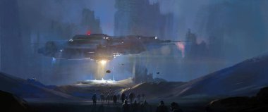 Dünyalılar kaçmak için bir uzay gemisine binmeye hazırlanıyor, 3 boyutlu illüstrasyon.