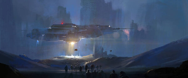 Земляне готовятся к посадке на космический корабль, чтобы сбежать, 3D иллюстрация